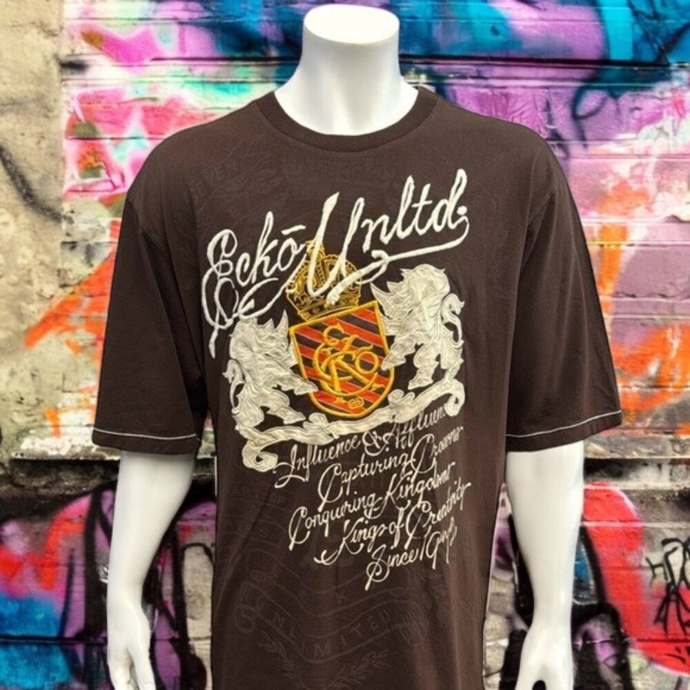 Ecko Unltd 1972 Full Embroidered Big Rhino Influence & Affluence Brown Shirt 2XL